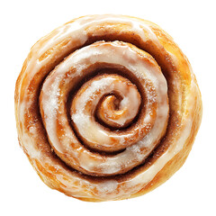 A freshly baked cinnamon roll with a glossy icing swirl, viewed from above.