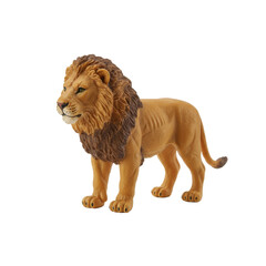 Obraz premium A miniature plastic lion figurine, tawny/golden-brown, finely detailed, in a regal pose, static on a transparent studio background with no shadows, commercial product photography concept