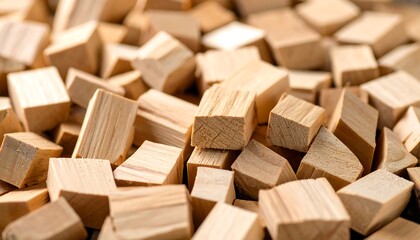 Close-up of small, light-brown wooden cubes