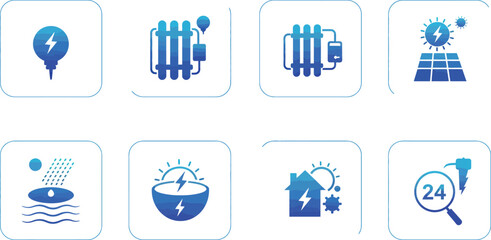 Blue energy icons featuring solar panels and electric devices in modern style