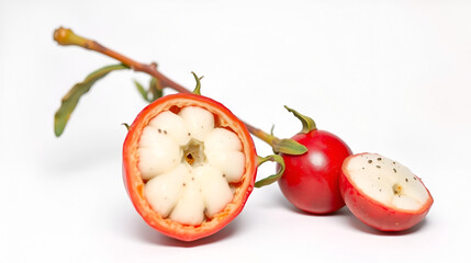 A fresh desert quandong isolated on white background glossy red skin Australian bush fruit