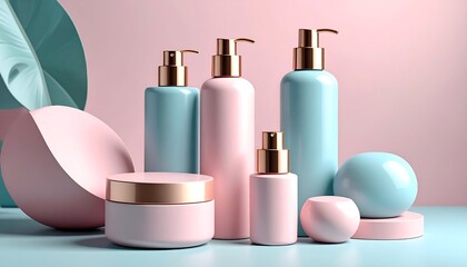 Pastel pink and blue skincare products arranged on textured background for beauty, wellness and cosmetic product branding.

