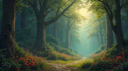 Fototapeta premium Mesmerizing forest with fog, path and red flowers