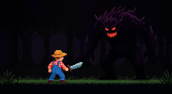 Fototapeta Pixel art showdown: brave farmer faces off against dark forest monster