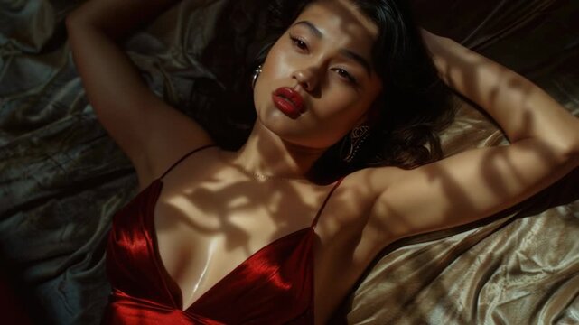 A woman wearing a red dress lies on a bed, a simple scene with no additional context