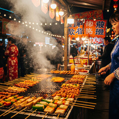 Asian street food stall with grilled skewers and rising smoke, warm lighting, colorful night market ambiance, showcasing authentic and vibrant local culinary culture.