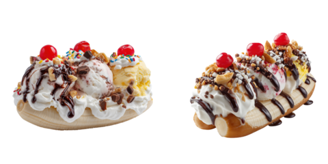 Set of Delicious banana split with assorted ice cream and toppings isolated on a transparent background