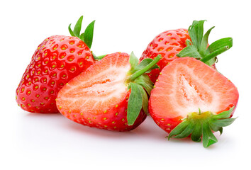 Juicy ripe strawberries with cut on halves isolated on white background