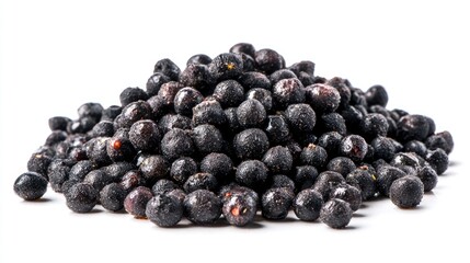 A heap of glossy black tapioca pearls, ingredients for bubble tea, piled high and isolated on white.