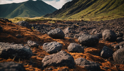 A landscape of rocks and grass nestled in a mountainous region.
