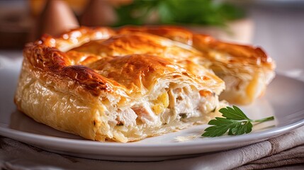 Close up of homemade golden-brown chicken puff pie with selective focus and a sprig of parsley.