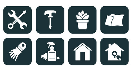 Home maintenance and cleaning icons set: tools, plants, and supplies