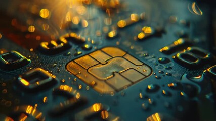 Close up of a sim card with water droplets, perfect for use in technology or product design related contexts