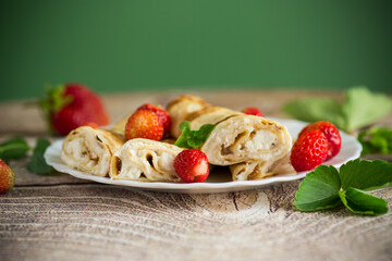 Breakfast, Pancakes with tender cottage cheese and fresh strawberries