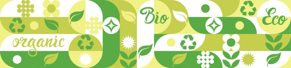 Bio template for ecological social projects, seamless pattern for eco packaging with green flowers. Natural style banner, mosaic of geometric white shapes.