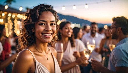 Smiling woman at rooftop party. Focus on a woman, surrounded by friends, at an evening rooftop gathering. Warm, inviting atmosphere