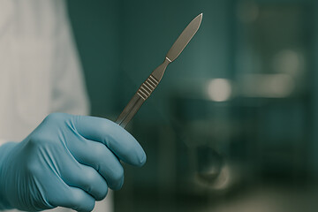 A close-up of a gloved hand holding a surgical scalpel in a sterile medical environment, ready for precise incision.