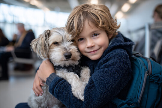 child hugging dog in carrier while waiting at boarding gate, airport scene with daylight, 