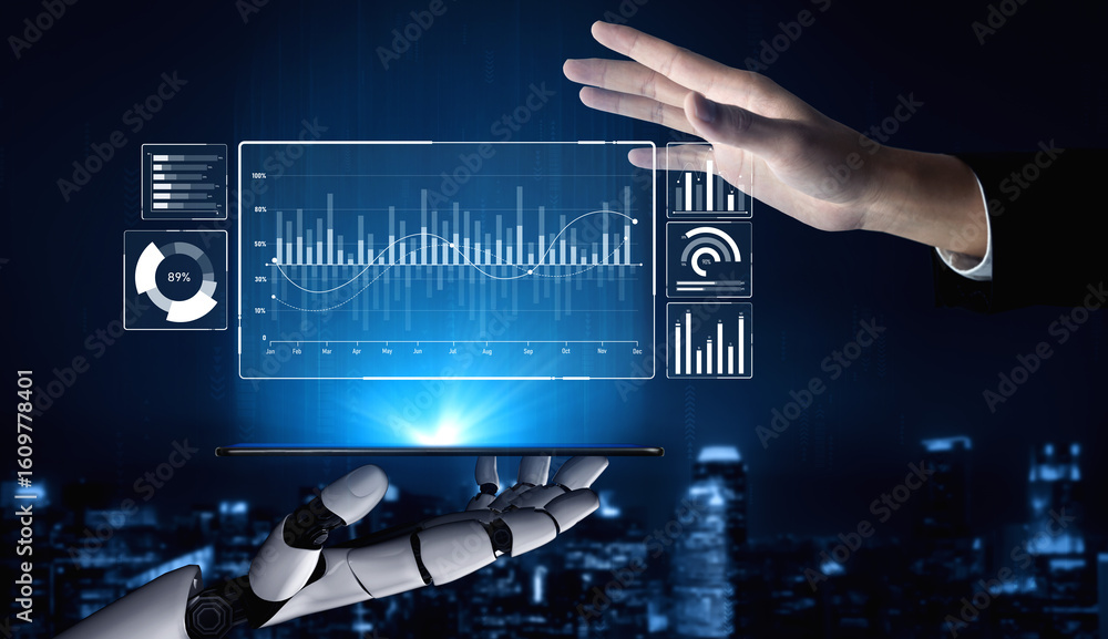 Poster ai artificial intelligence drives data analytics with predictive models, smart dashboards, and virtu