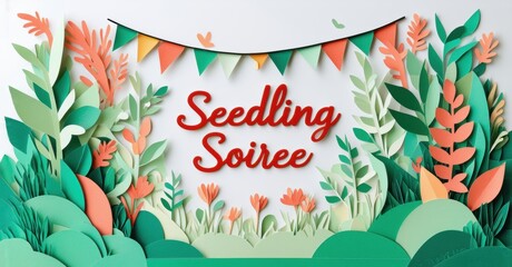 Papercraft illustration depicts lush foliage, festive bunting, text Seedling Soiree. Vibrant greens, corals create cheerful garden scene.