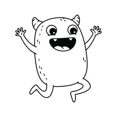 Fototapeta premium Happy Jumping Monster Cartoon Illustration Cute Devilish Creature Line Art Black and White Free Printable
