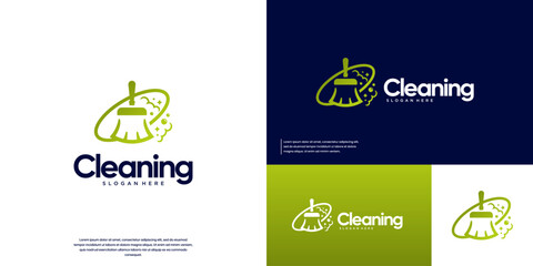 Cleaning service logo, featuring a broom and foam bubbles, graphic design illustration.
