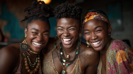 Joyful African Women Celebrating Friendship and Cultural Diversity with Bright Smiles and Vibrant Attire