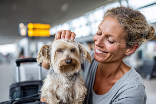 woman brushing small dog before flight, airport background, travel preparation scene, 