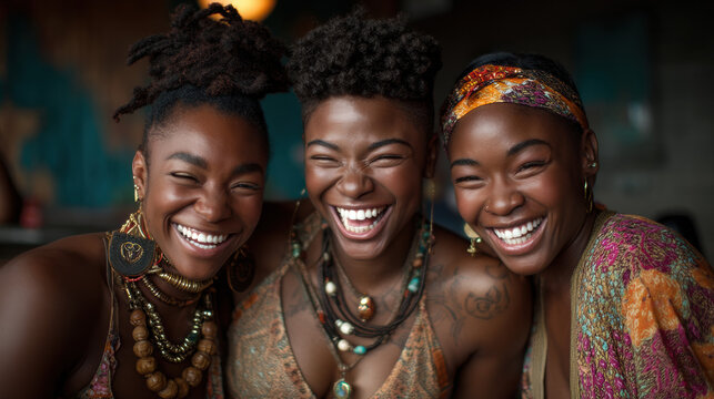 Joyful African Women Celebrating Friendship and Cultural Diversity with Bright Smiles and Vibrant Attire