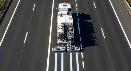 Aerial view of road marking vehicle applying white lines on asphalt road under sunlight casting shadows during the day