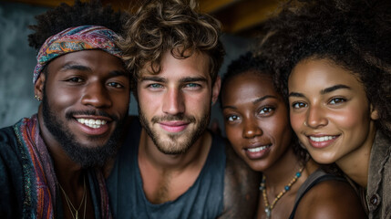 Diverse Group of Young Adults Smiling Together in Close-Up Portrait, Celebrating Friendship and Cultural Diversity