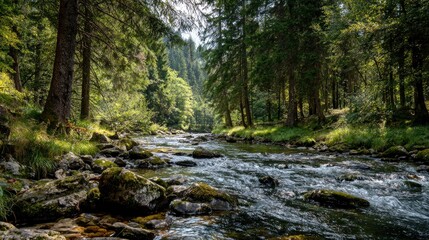 Sunlight filters through dense trees onto a rushing river strewn with moss-covered rocks and foliage