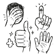 Expressive abstract face and hand line art – surreal emotional sketch in bold black and white ink, hand-drawn doodle illustration on transparent background.