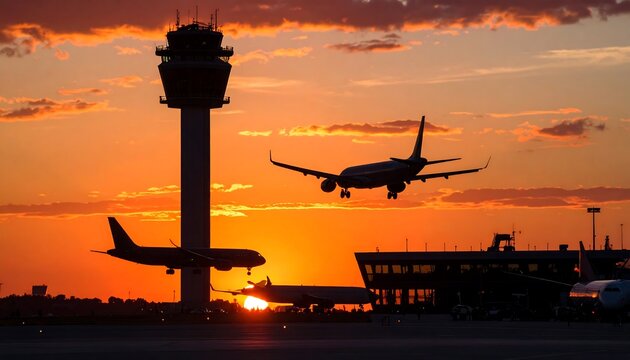 Silhouette of airplanes landing at sunset, airport control tower