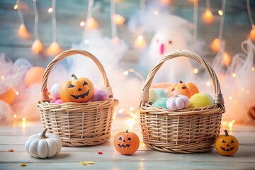 Cute pastel Halloween baskets with pumpkins and ghosts create a whimsical and festive holiday display.