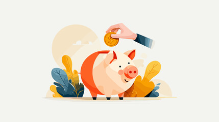 Hand inserting coin into piggy bank surrounded by colorful foliage  