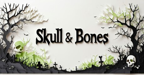 Papercraft scene depicts spooky graveyard. Skull, bones, trees, bats create eerie atmosphere. Text reads Skull Bones.