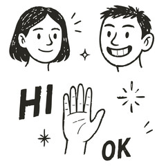 Expressive abstract face and hand line art – surreal emotional sketch in bold black and white ink, hand-drawn doodle illustration on transparent background.