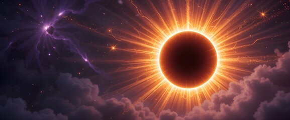 Mystic Eclipse Portal — a solar eclipse emitting glowing hexagonal rays, celestial runes spinning in orbit, dark purple space with glittering stars and fog-like nebulae.