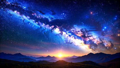 Celestial sunrise over mountains