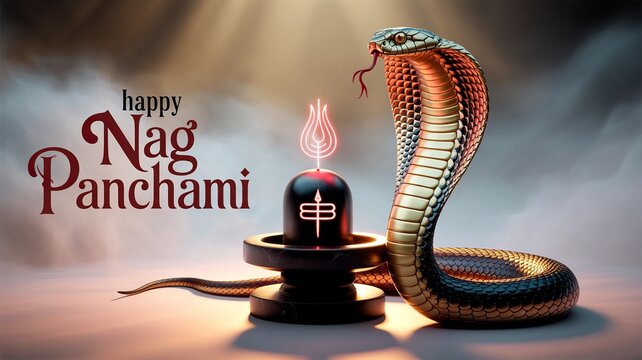 Serpent coiled peacefully beside Shivling decorated with marigold garlands.