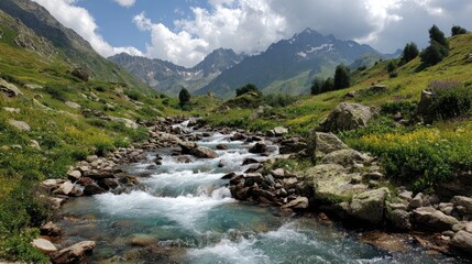 A vibrant mountain brook flows swiftly through lush green forest and rocky terrain in Caucasus.