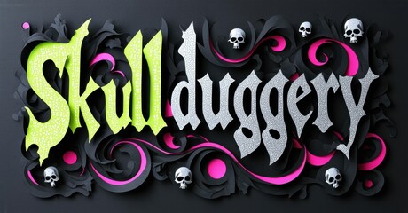 Naklejka premium Dramatic logo features stylized text Skullduggery. Pink, black, silver colors create spooky, ornate design. Skulls accent lettering.