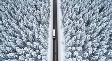 Aerial view of a snow-covered forest and road with a vehicle. White snow covers the trees and ground providing a serene winter scene. The road winds through the forest.