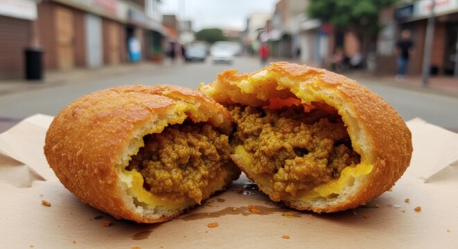 Authentic Vetkoek, a South African Fried Dough Bun with Curried Mince