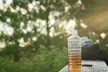 ハイキングに持って行ったお茶が入ったペットボトル