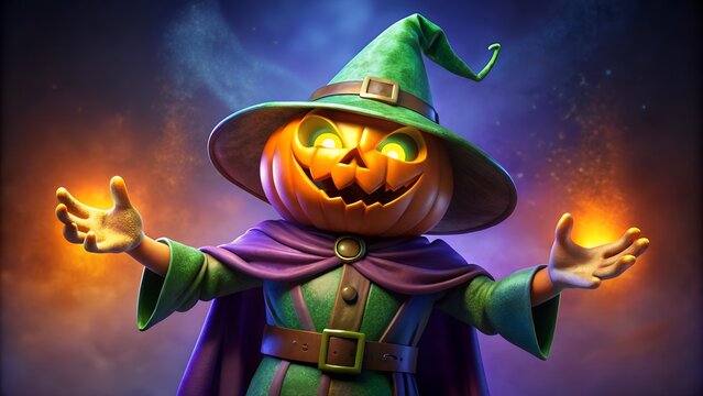 Photo of a grinning jackolantern character dressed as a witch or wizard with a green hat and purple cloak, casting magical glowing orbs - Powered by Adobe