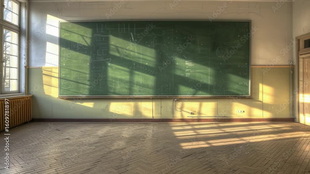 Poster a typical classroom with a chalkboard and empty desks