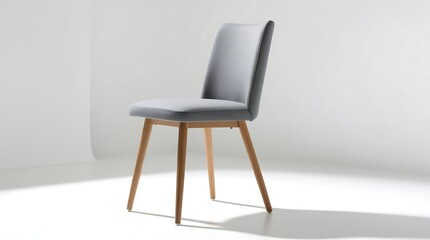 A compact armless desk chair with a smooth gray fabric upholstery and slender wooden legs in a natural finish, shown in full profile against a pristine bright white background.