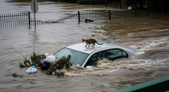 A flooded street where a car is submerged in water, with a cat perched on top, highlighting the severity of the flood.